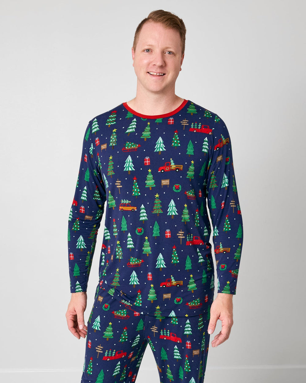 Man wearing the Navy Tree Traffic Men's Long Sleeve Pajama Top