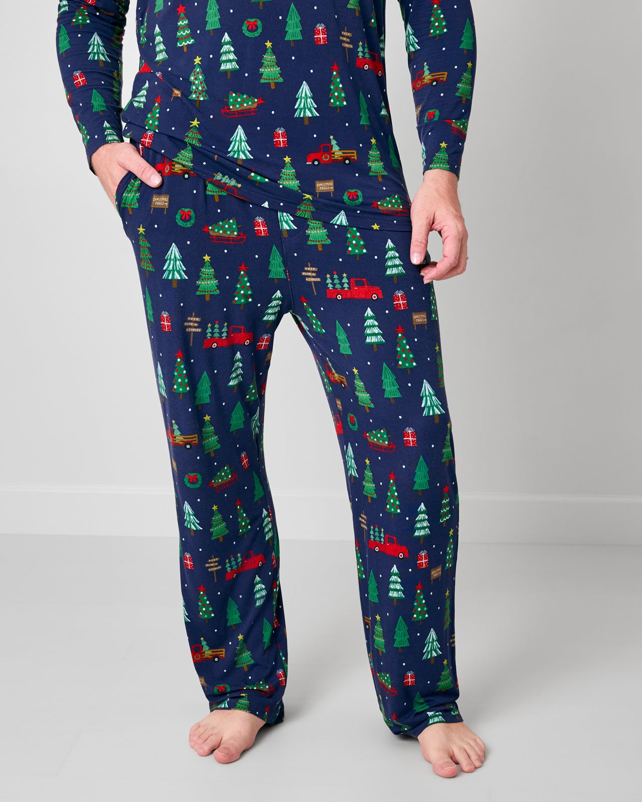 Man wearing the Navy Tree Traffic Men's Pajama Pants