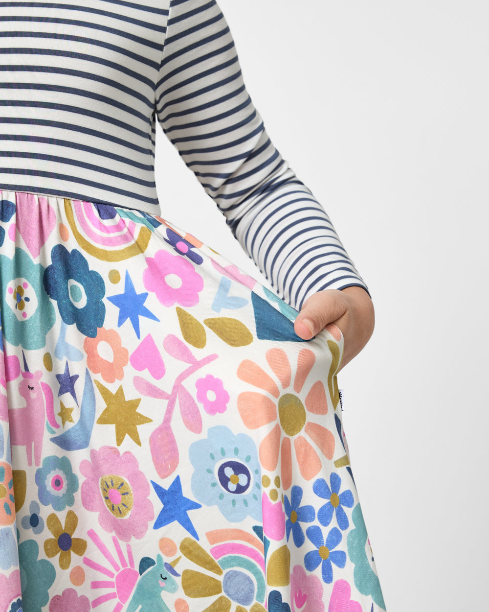Close up of the skirt on the Unicorn Blossoms Twirl Dress
