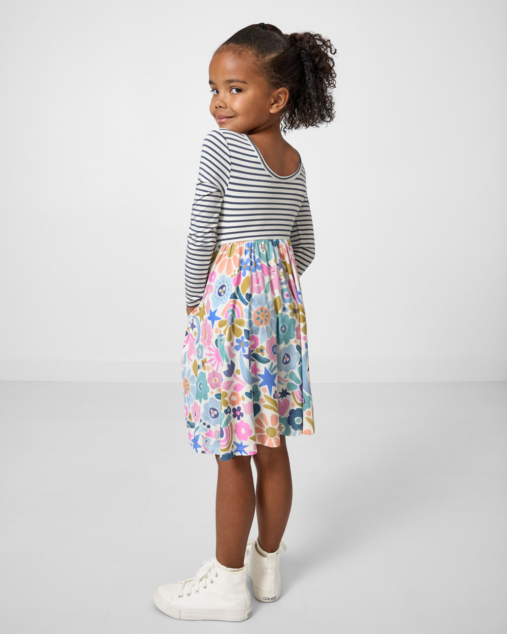 Back view of girl wearing the Unicorn Blossoms Twirl Dress