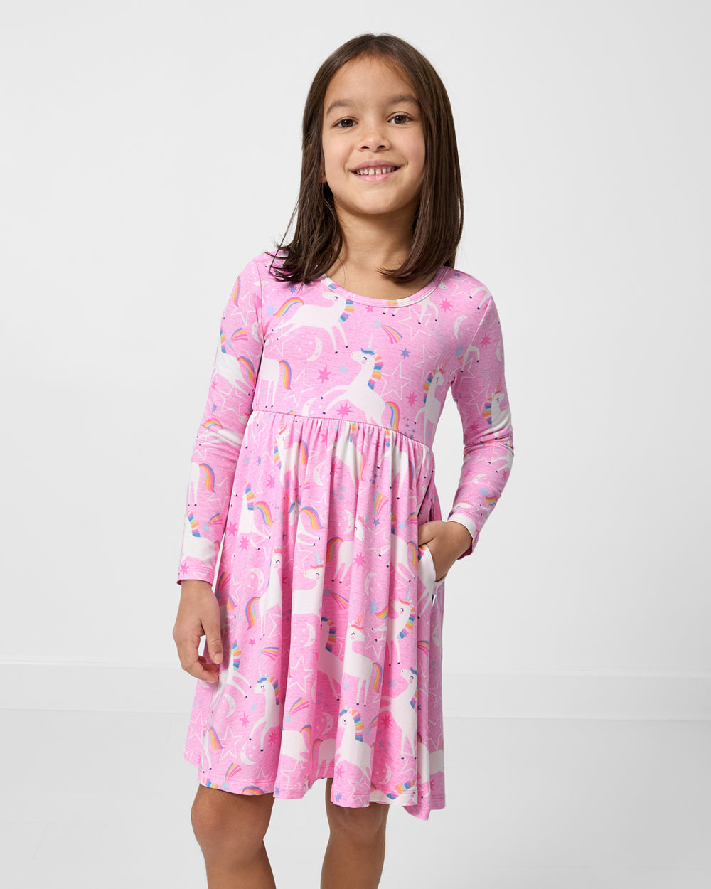 Girl wearing the Unicorn Dance Twirl Dress
