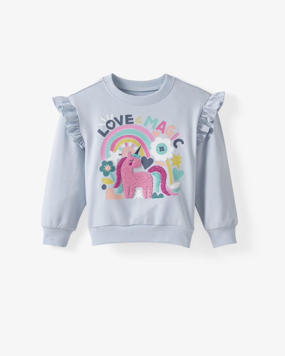 Flat lay of the Unicorn Ruffle Crewneck