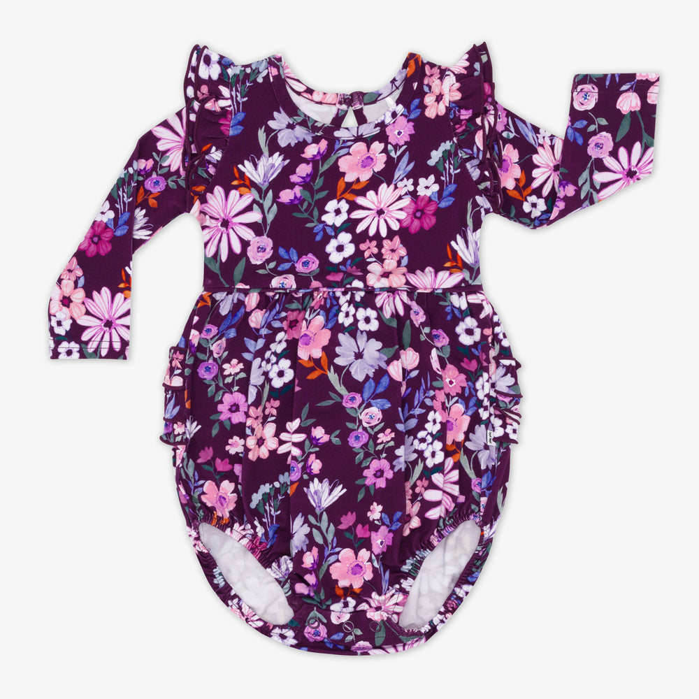 Flat lay image of the Violet Meadow Bubble Romper