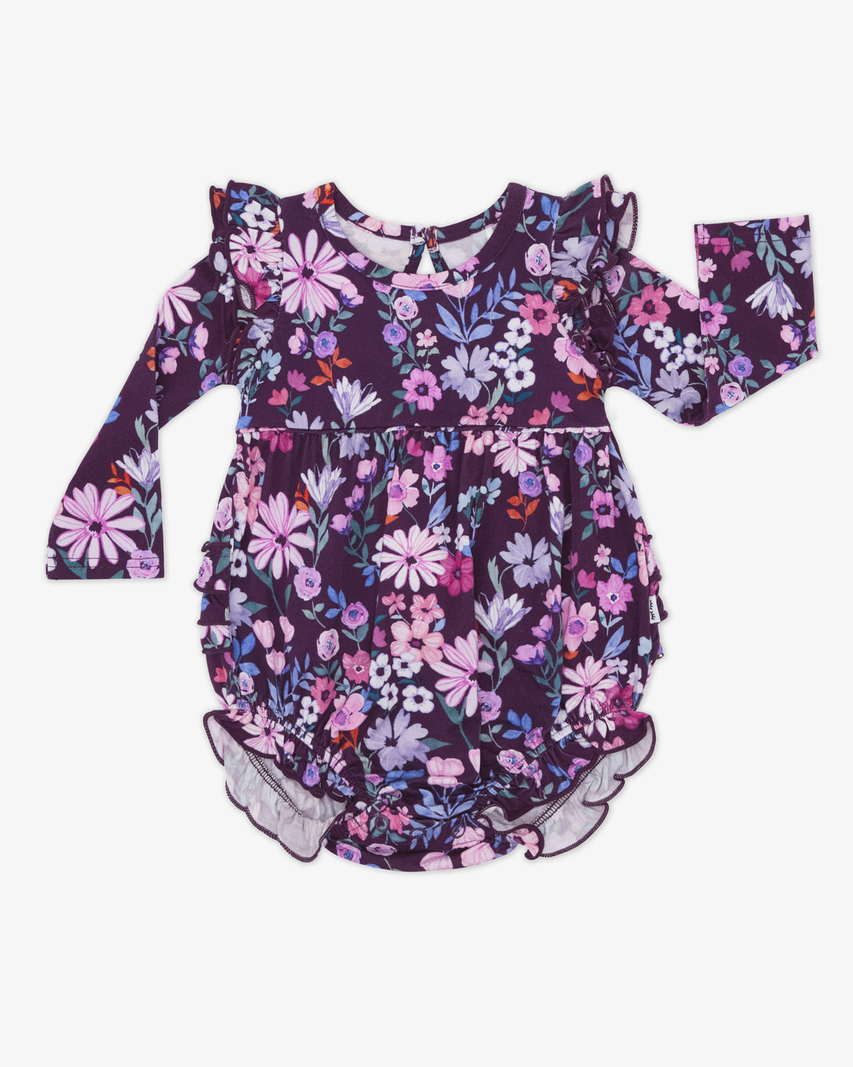 Flat lay of the Violet Meadow Bubble Romper