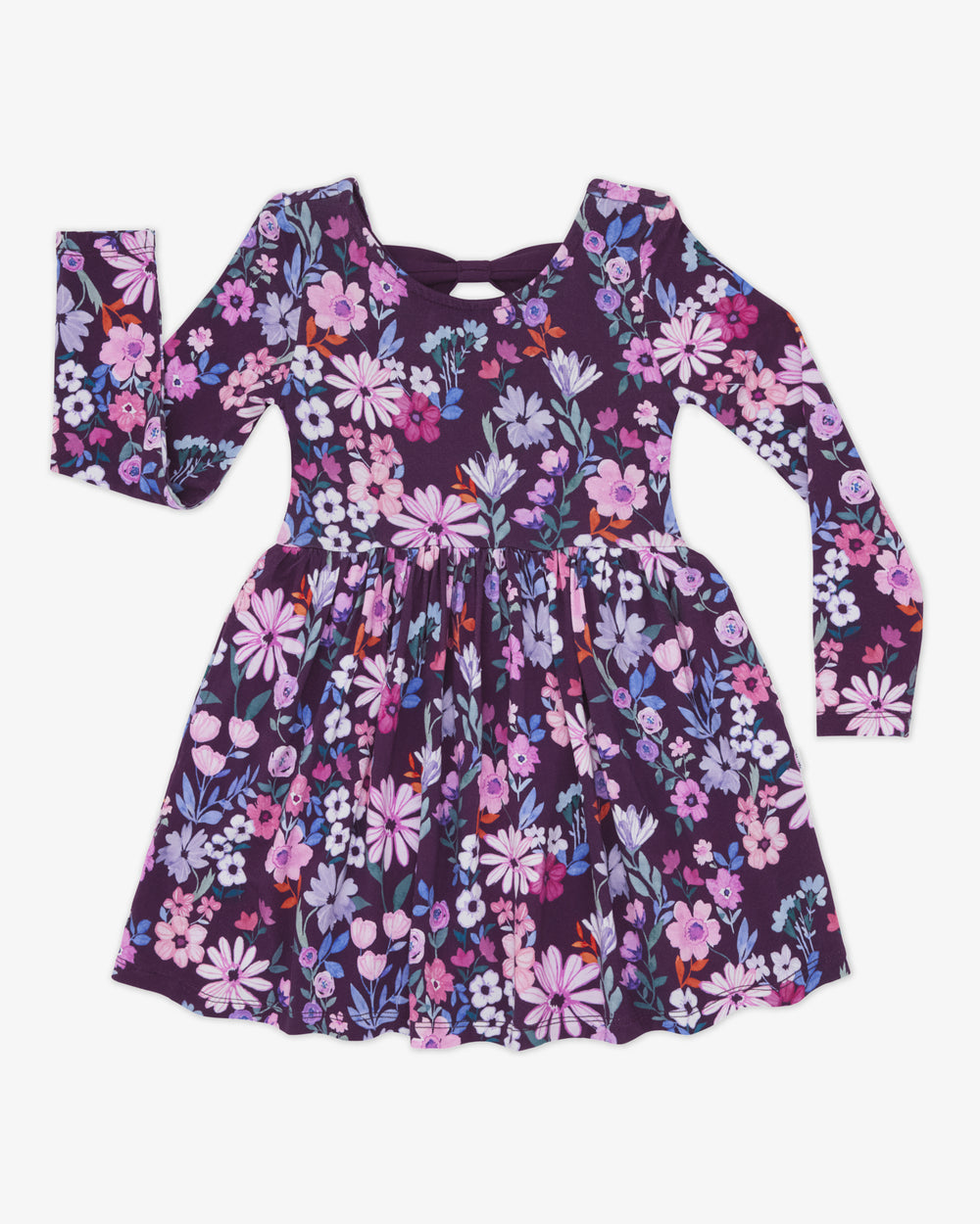 Flat lay of the Violet Meadow Bow Back Skater Dress