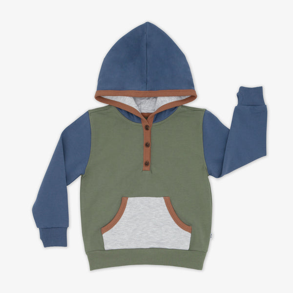 Flat lay image of the Moss Colorblock Henley Hoodie