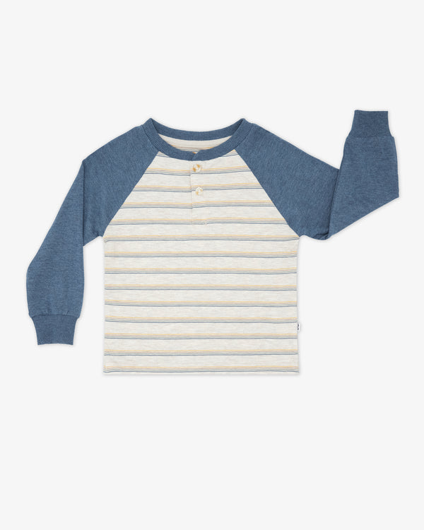 Flat lay of the Vintage Navy Heather Stripe Raglan Henley Tee