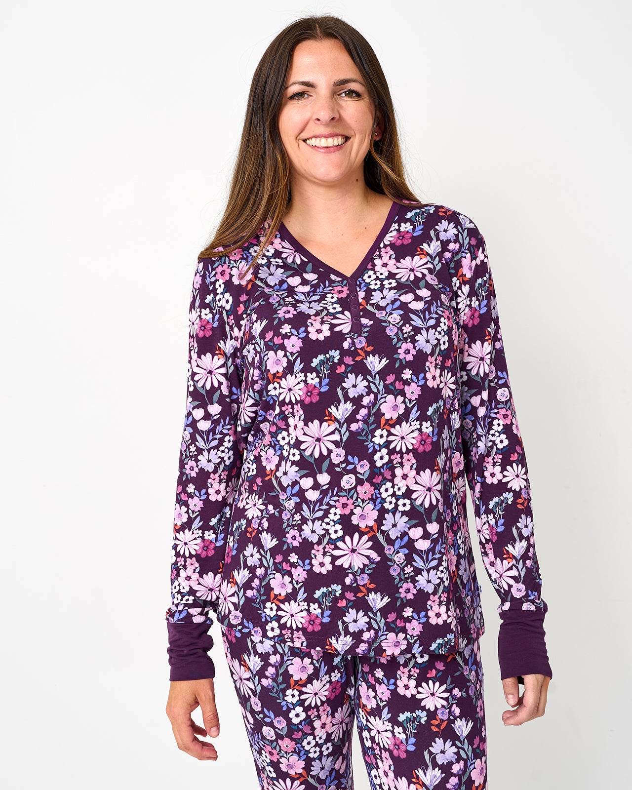 Woman wearing the Violet Meadow Women's Long Sleeve Pajama Top