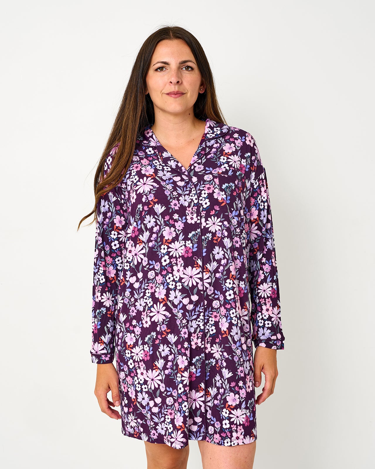 Woman wearing the Violet Meadow Women's Long Sleeve Sleep Shirt