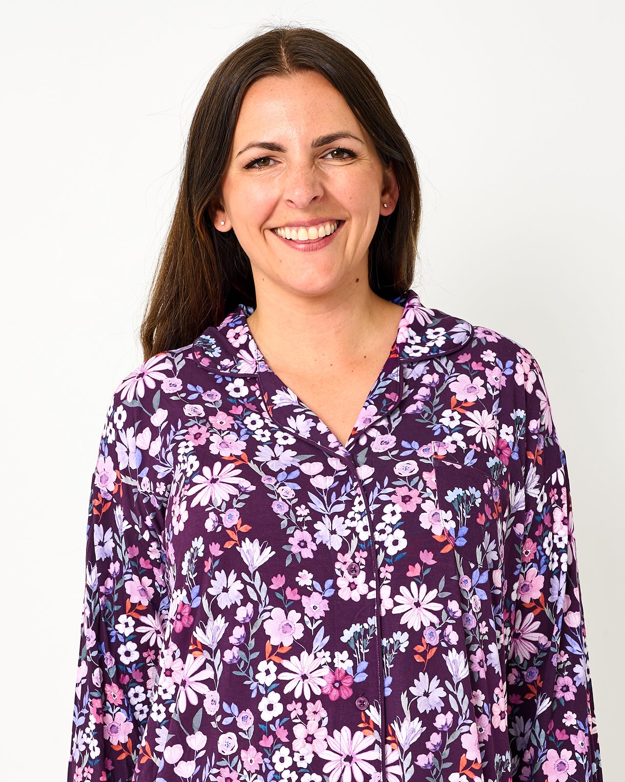 Close up of woman wearing the Violet Meadow Women's Long Sleeve Sleep Shirt