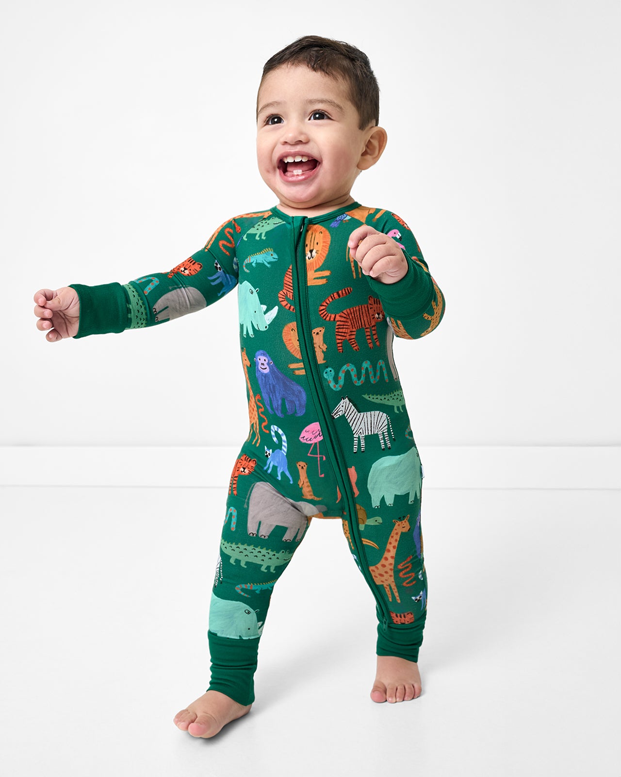 Walking toddler wearing the Wild Zoo Zippy