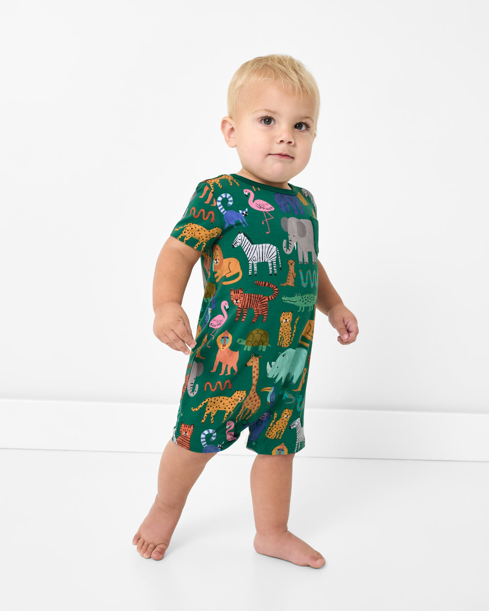 Toddler wearing the Wild Zoo Pocket Shorty Romper