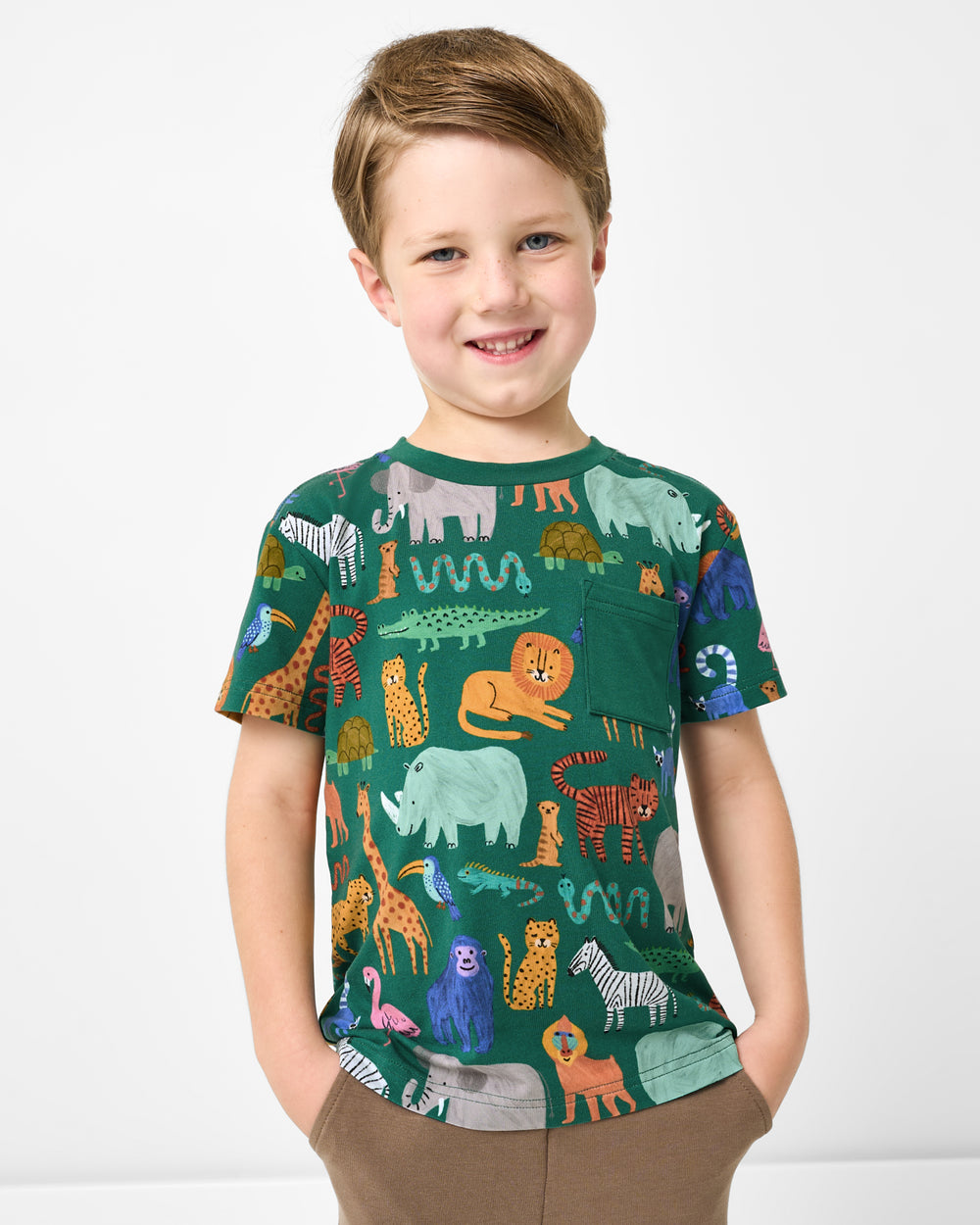 Boy wearing the Wild Zoo Relaxed Pocket Tee