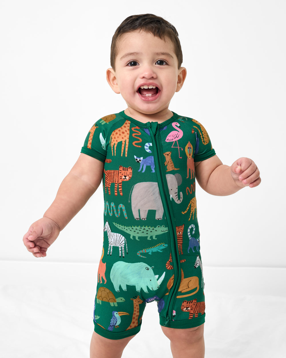 Close up of toddler wearing the Wild Zoo Shorty Zippy