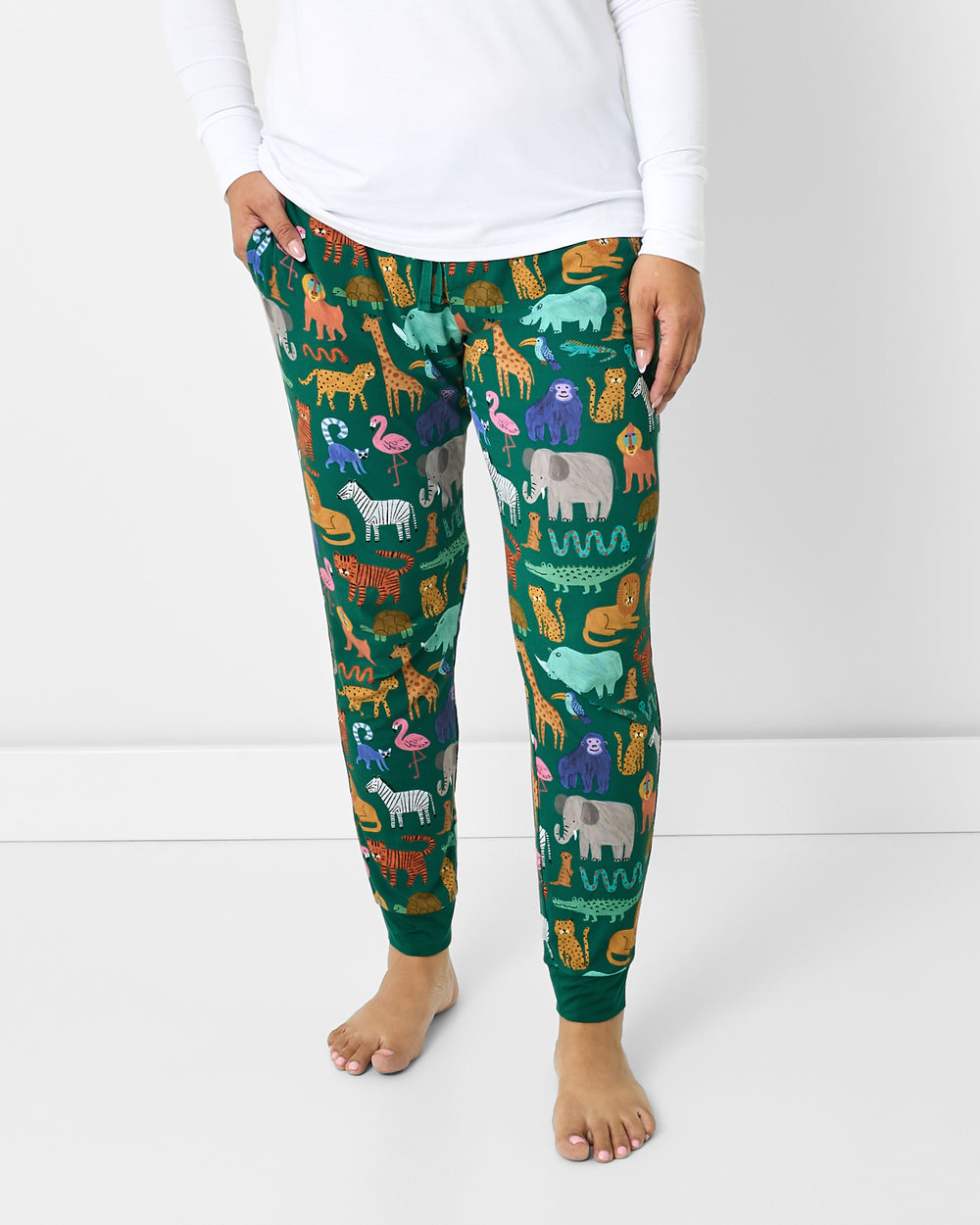 Front view of woman wearing the Wild Zoo Women's Pajama Pants