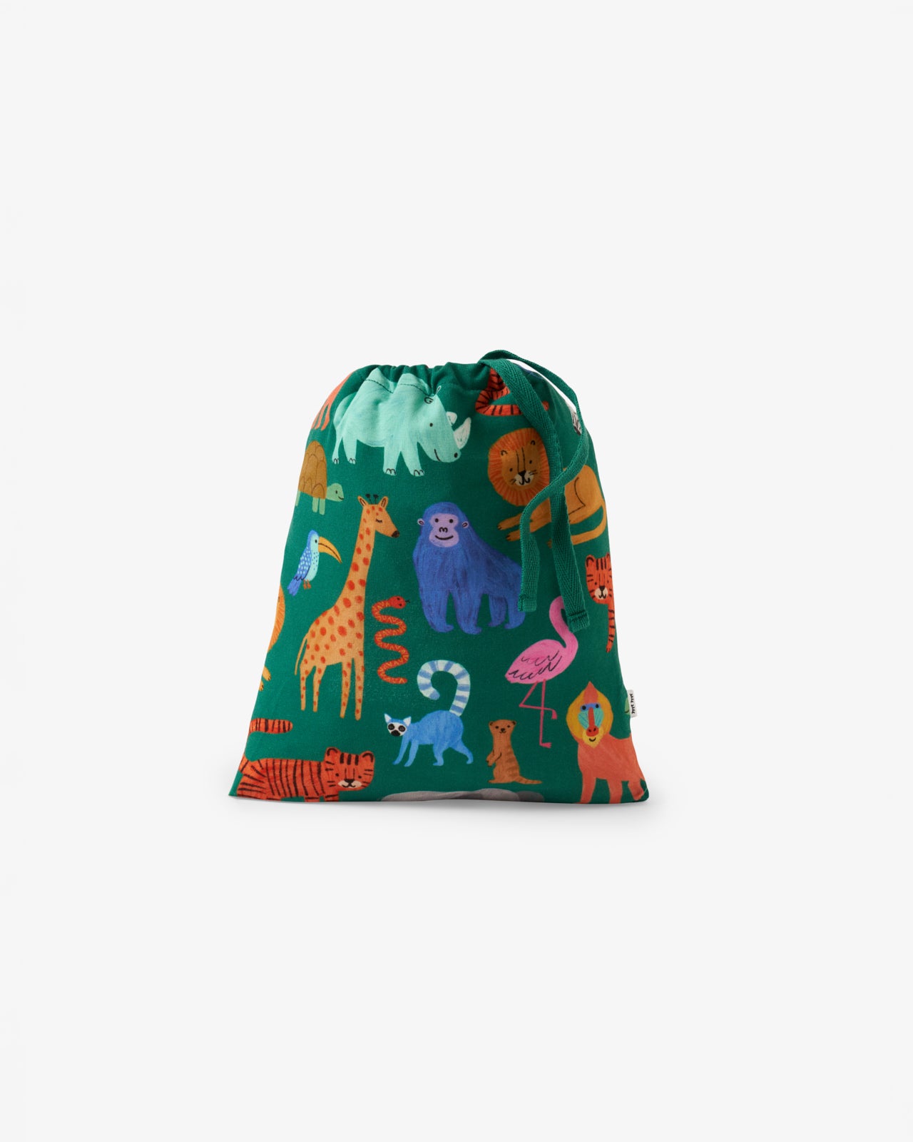 Flat lay of the Wild Zoo Fitted Crib Sheet drawstring bag