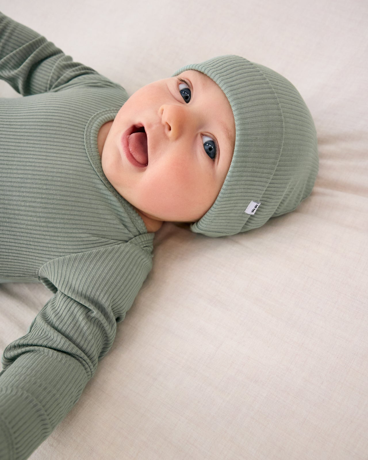 Baby wearing the Willow Ribbed Infant Beanie
