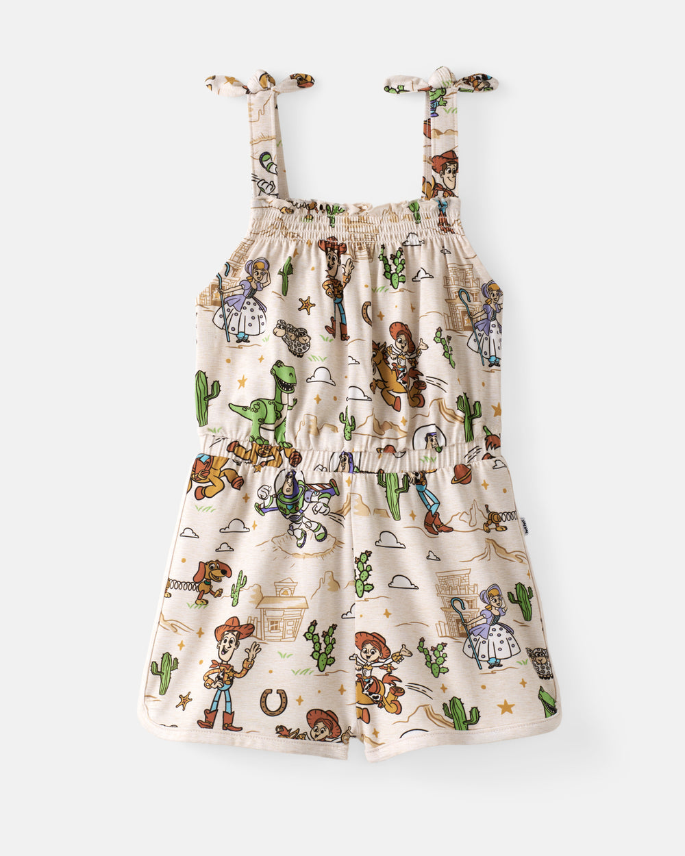 Flat lay of the Disney & Pixar Woody's Wild West Smocked Romper