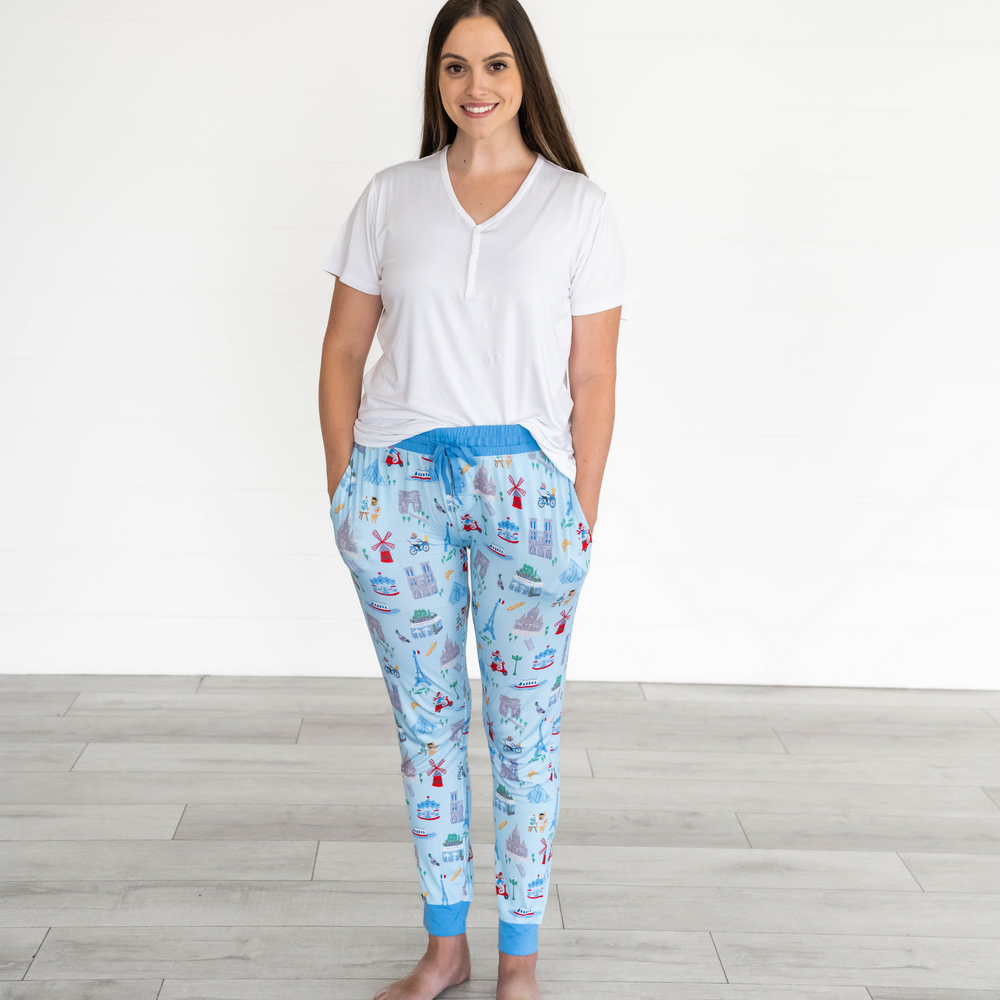 Female wearing the Blue Weekend in Paris Women's Pajama Pants