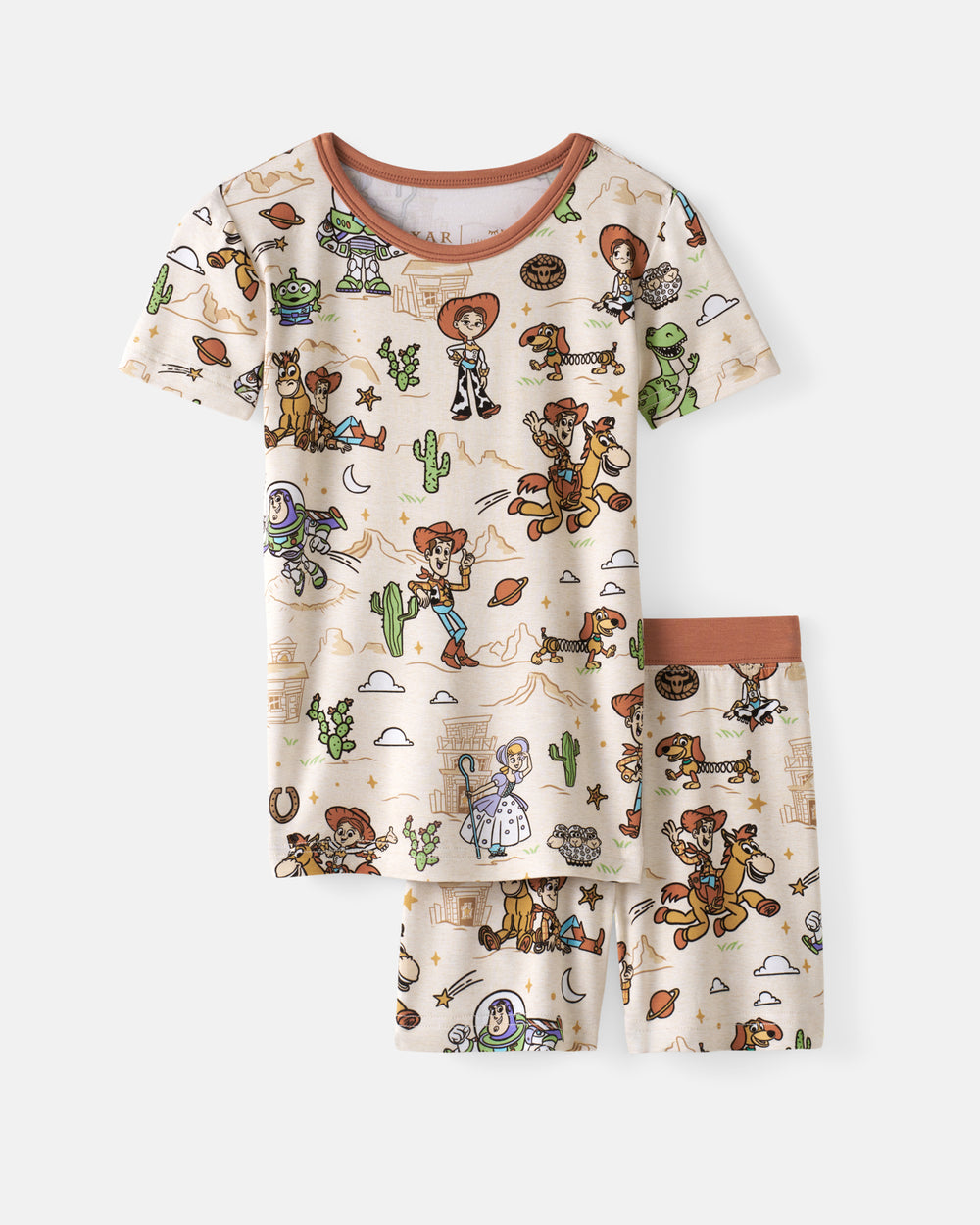 Flat lay of the Disney & Pixar Woody's Wild West Two-Piece Short Sleeve & Shorts Pajama Set