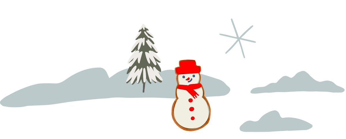 A stylized winter illustration with a snowman wearing a red hat and scarf, a snow-covered pine tree, gray hills, and a star on a white background.