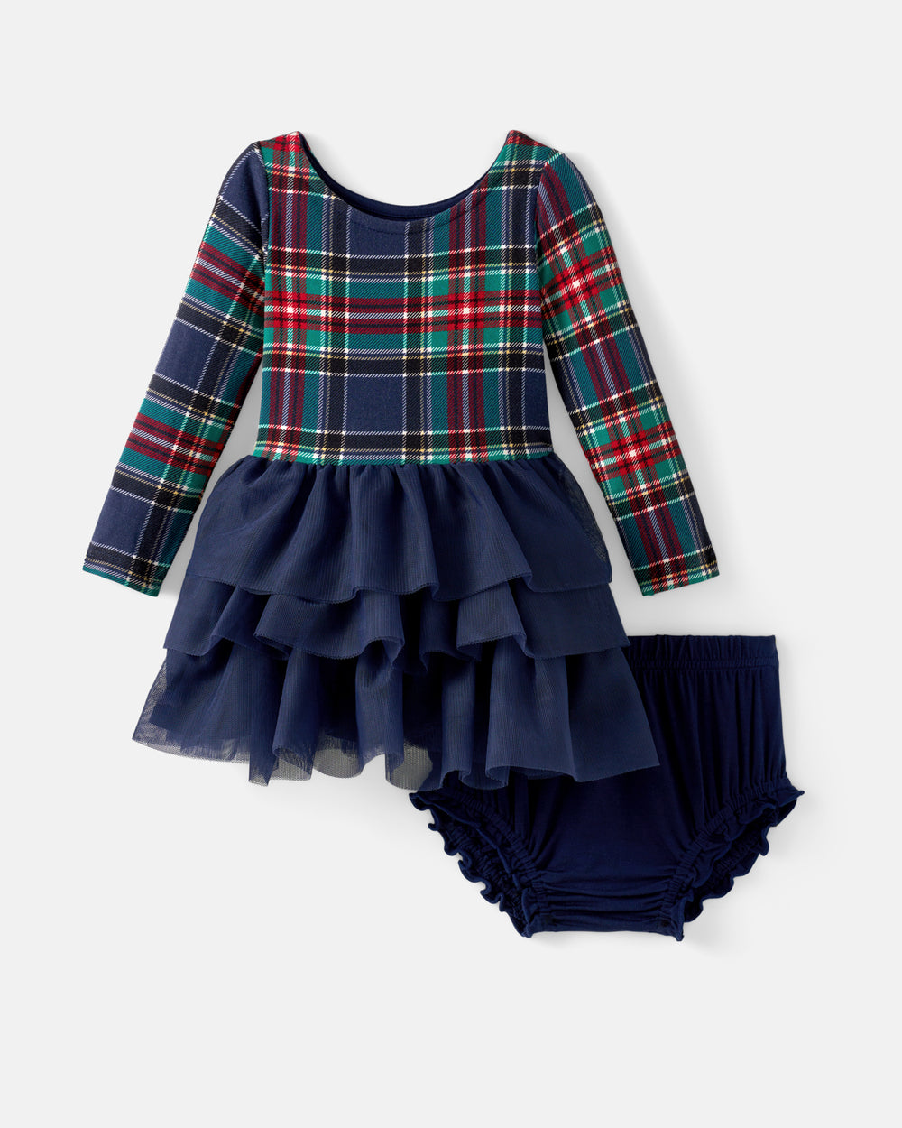 A toddler girl's two-piece outfit set featuring a long-sleeve dress with a navy blue ruffled tiered skirt and a plaid bodice in navy, green, red, and white, paired with matching navy blue ruffled bloomers, shown on a light gray background.