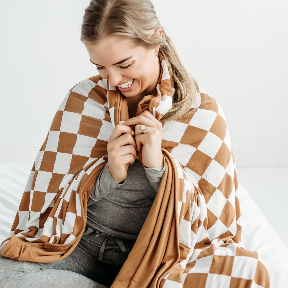 Adult Blanket - Caramel Checks Bamboo Viscose Oversized Cloud Blanket