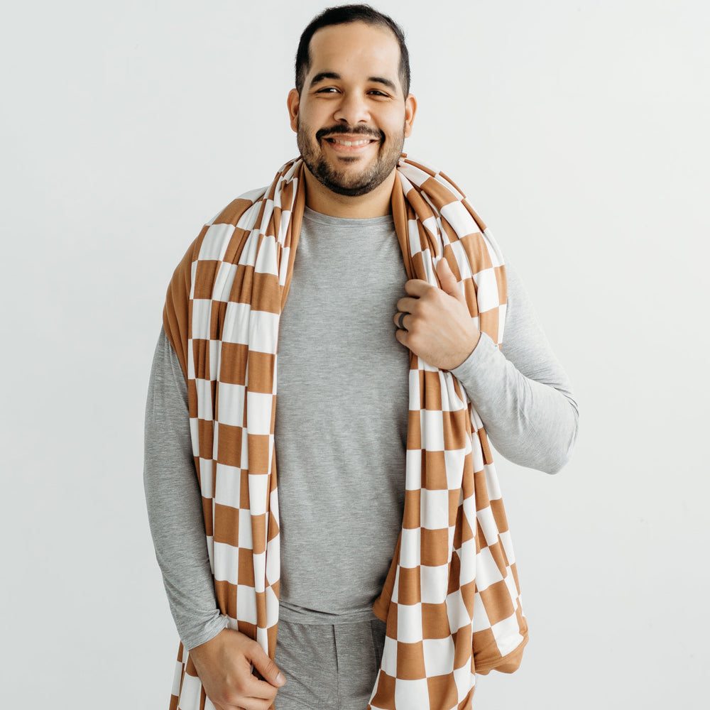 Click to see full screen - Adult Blanket - Caramel Checks Bamboo Viscose Oversized Cloud Blanket