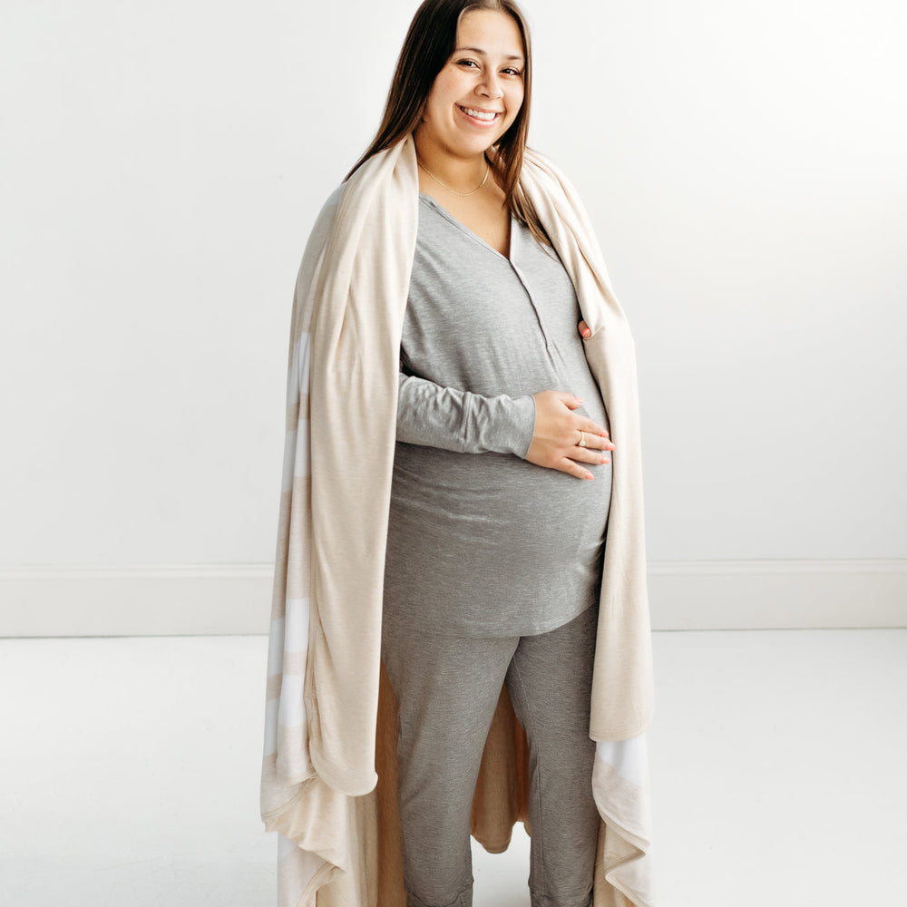 Click to see full screen - Adult Blanket - Heather Oatmeal Stripe Bamboo Viscose Oversized Cloud Blanket