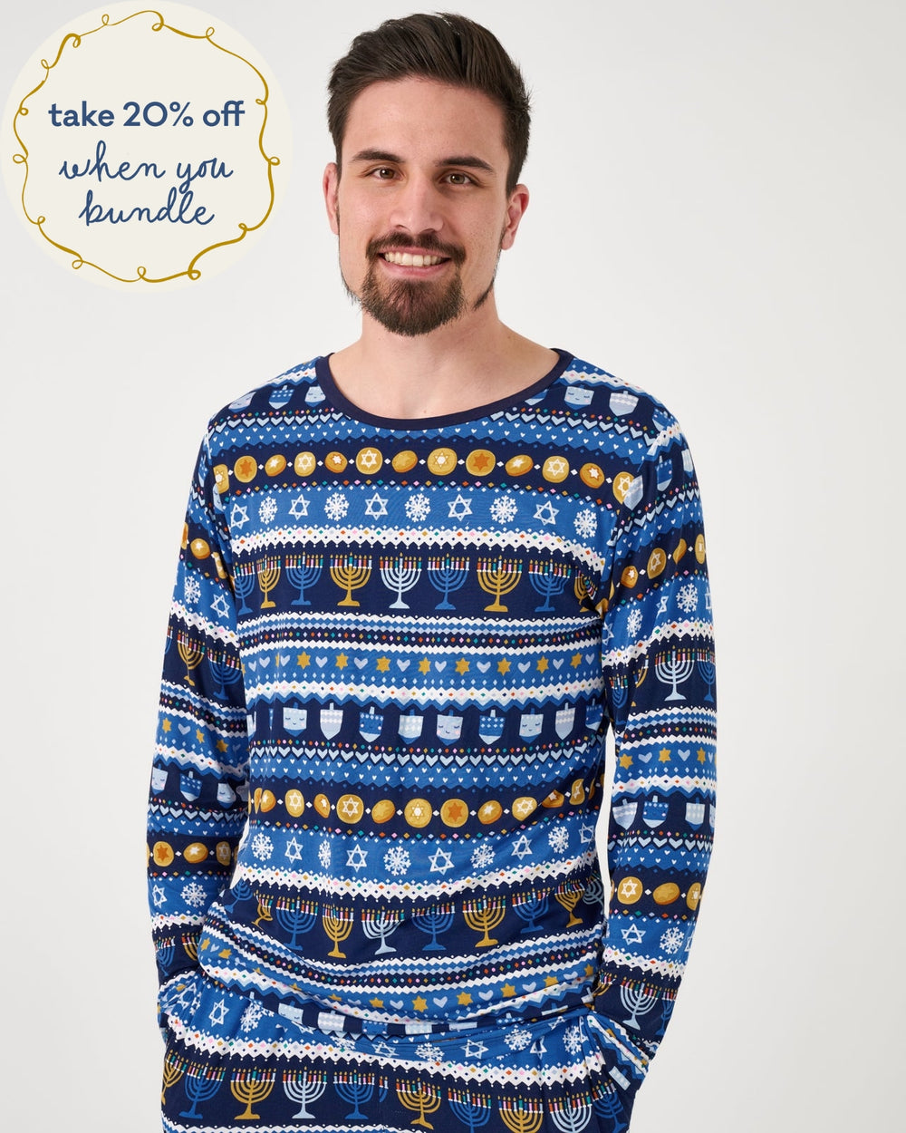 Man wearing the Hanukkah Fair Isle Men's Long Sleeve Pajama Top