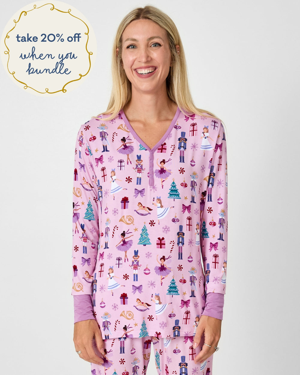 Woman wearing the Nutcracker Ballet Women's Long Sleeve Pajama Top