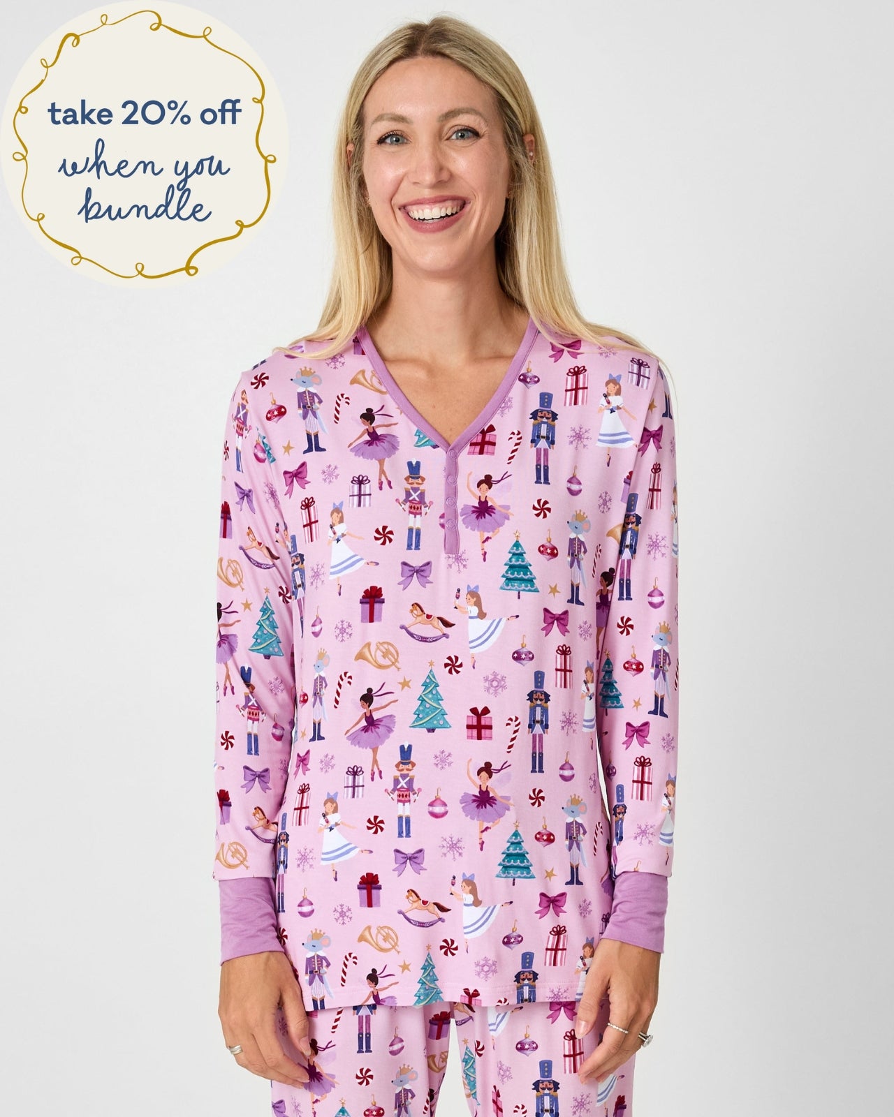 Woman wearing the Nutcracker Ballet Women's Long Sleeve Pajama Top