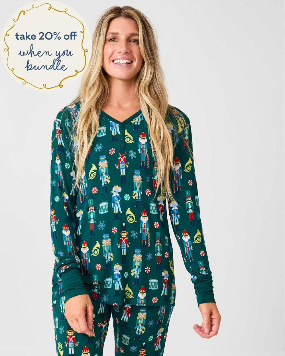 Woman wearing the Nutcracker March Women's Long Sleeve Pajama Top