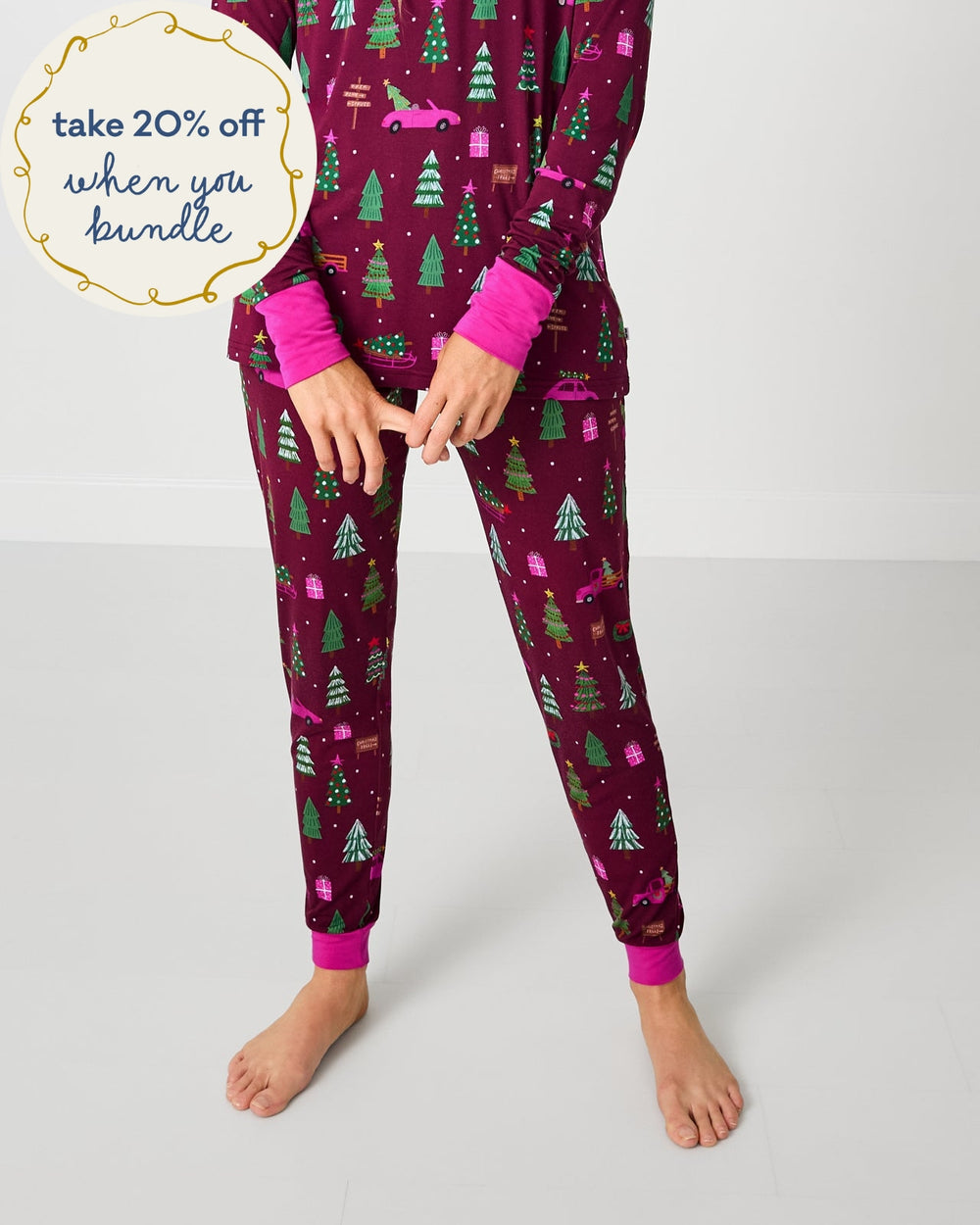 Woman wearing the Cranberry Tree Traffic Women's Pajama Pants
