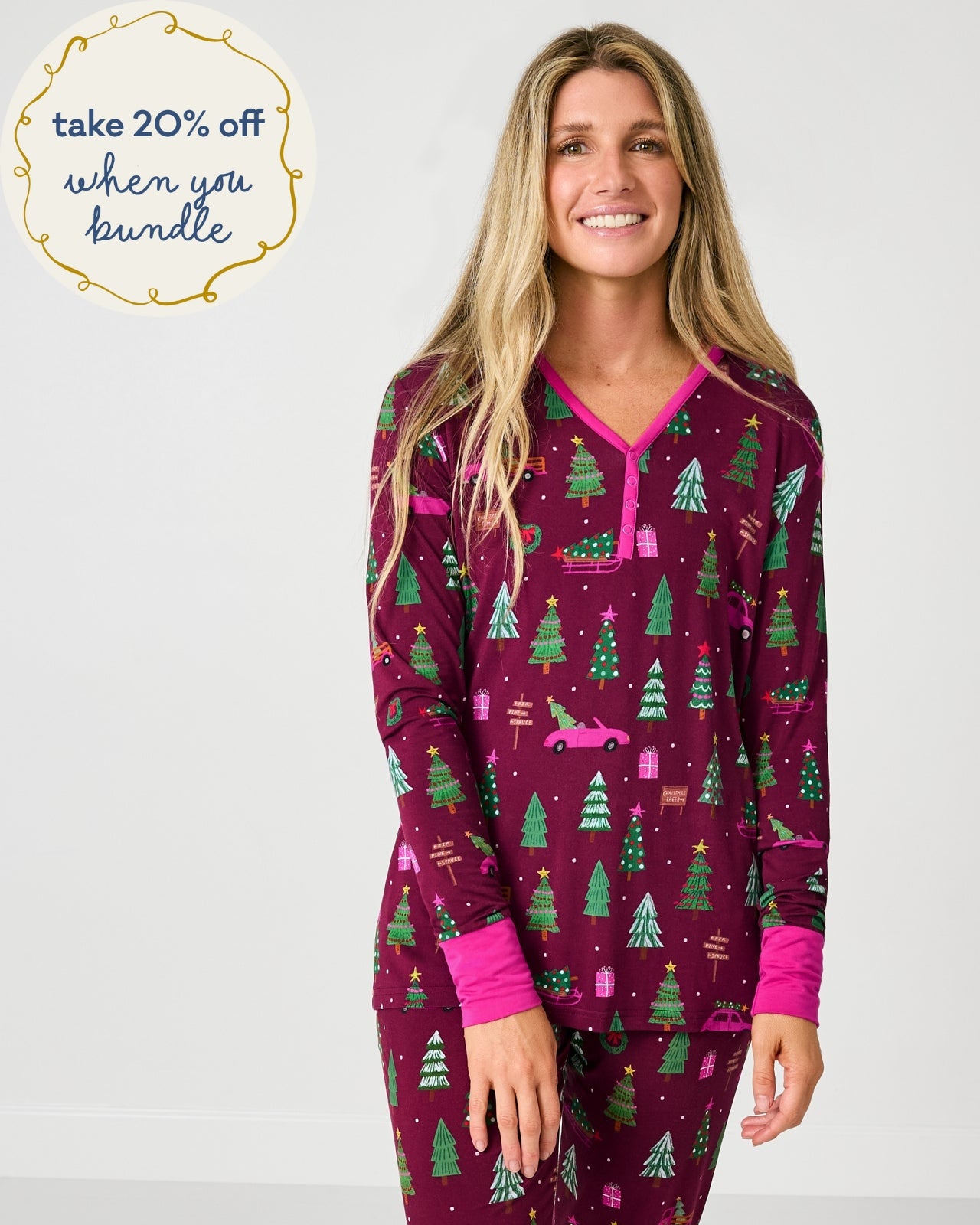 Woman wearing the Cranberry Tree Traffic Women's Long Sleeve Pajama Top