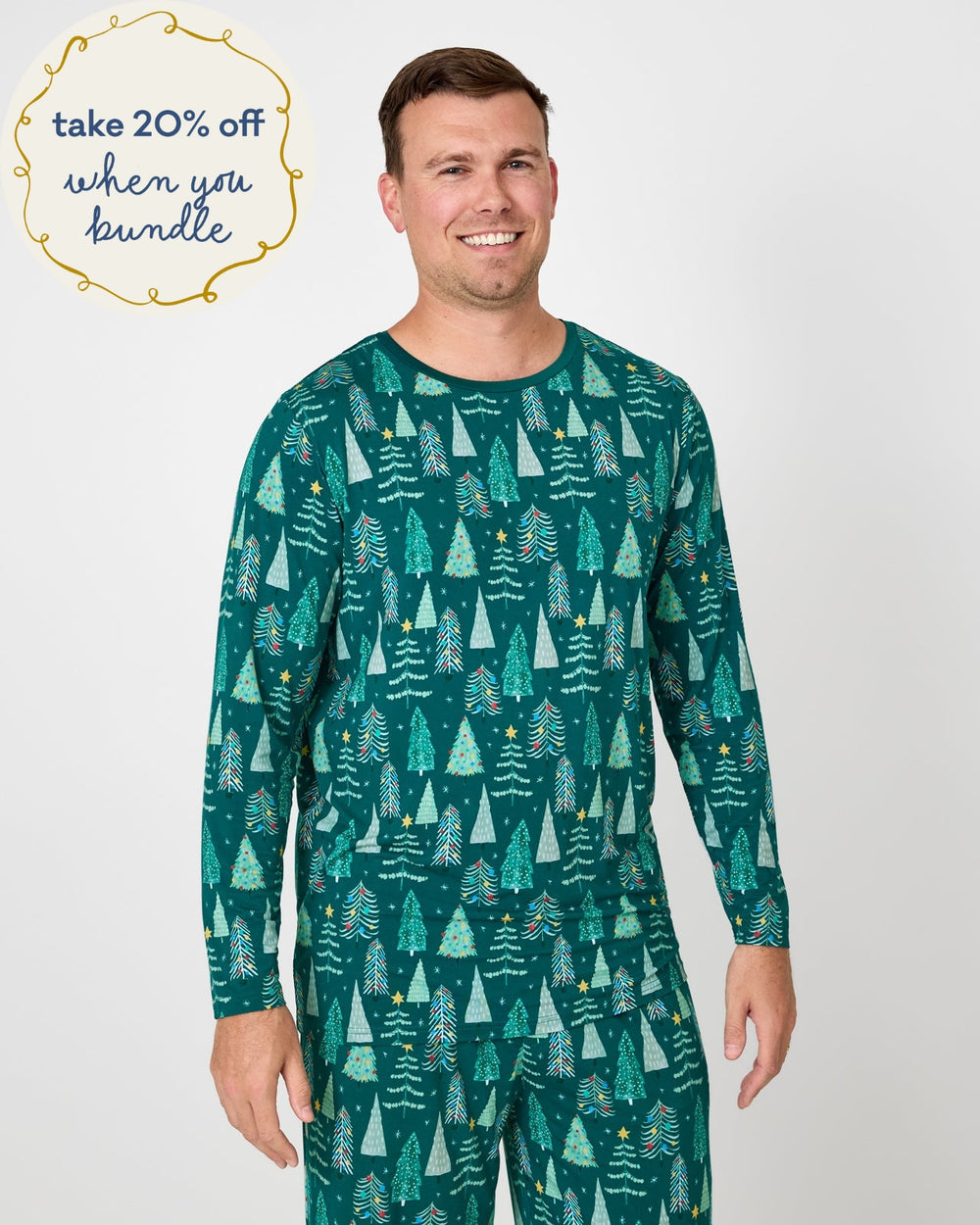 Man wearing the Twinkling Trees Men's Long Sleeve Pajama Top