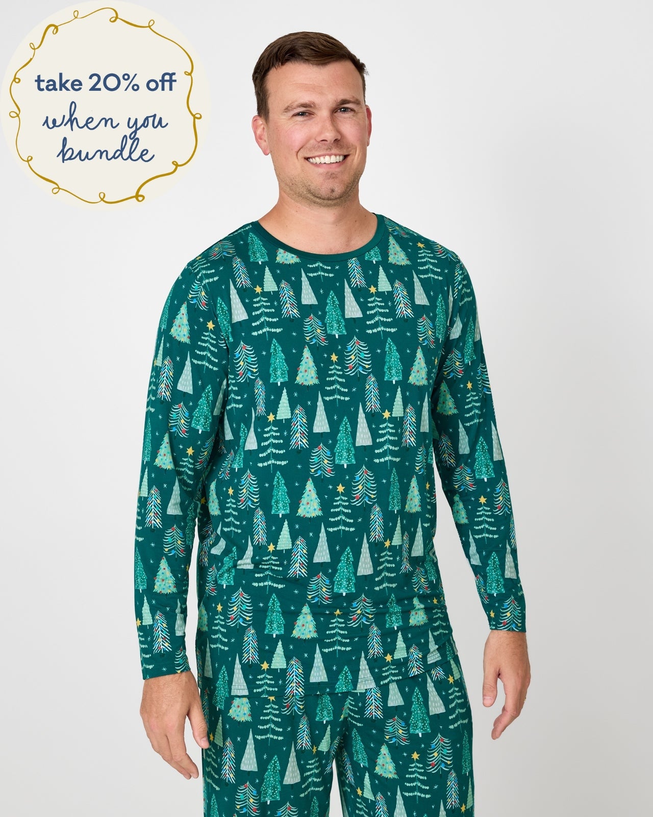 Man wearing the Twinkling Trees Men's Long Sleeve Pajama Top