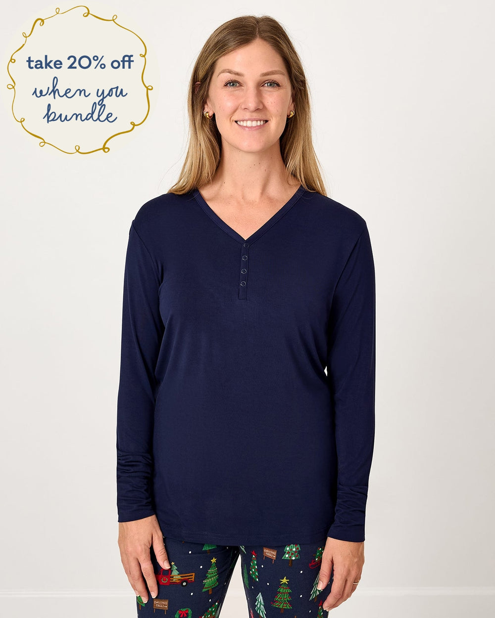 Woman wearing the Classic Navy Women's Long Sleeve Pajama Top
