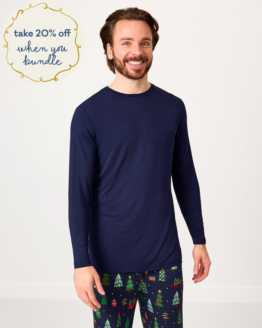 Man wearing the Classic Navy Men's Long Sleeve Pajama Top