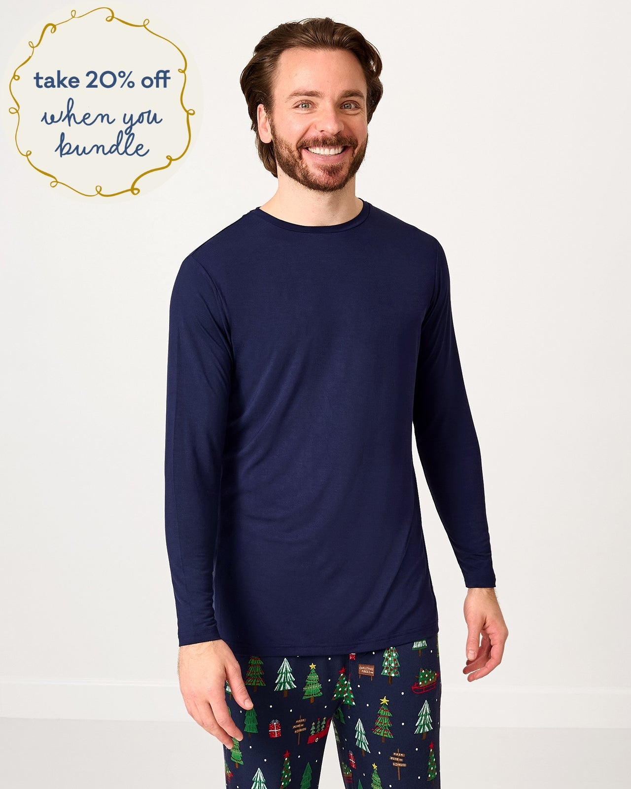 Man wearing the Classic Navy Men's Long Sleeve Pajama Top