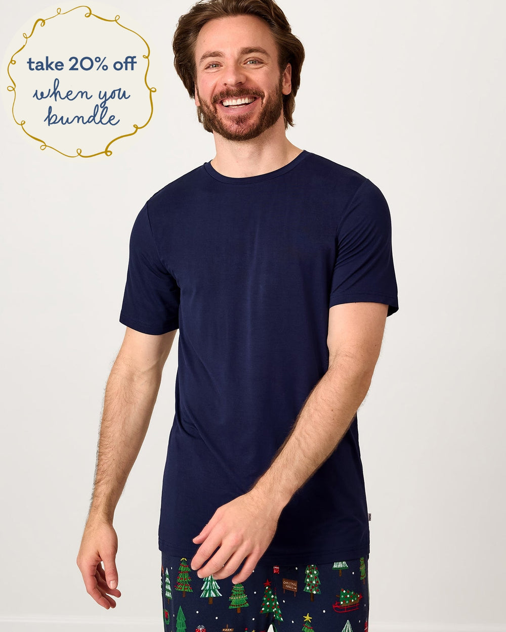 Man wearing the Classic Navy Men's Short Sleeve Pajama Top