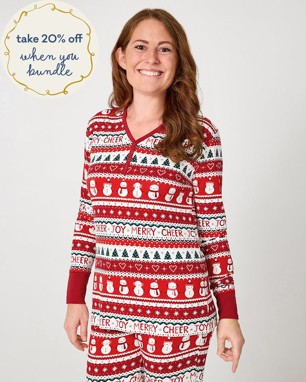 Woman wearing the Festive Fair Isle Women's Long Sleeve Pajama Top