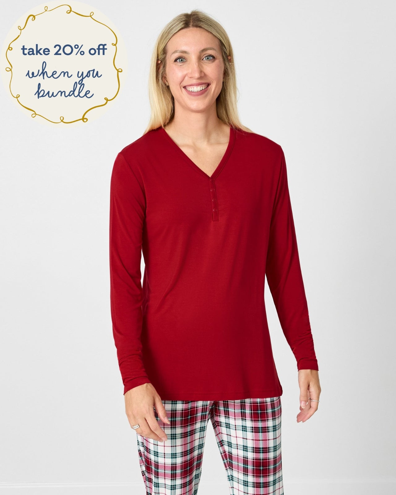 Woman wearing the Holiday Red Women's Long Sleeve Pajama Top
