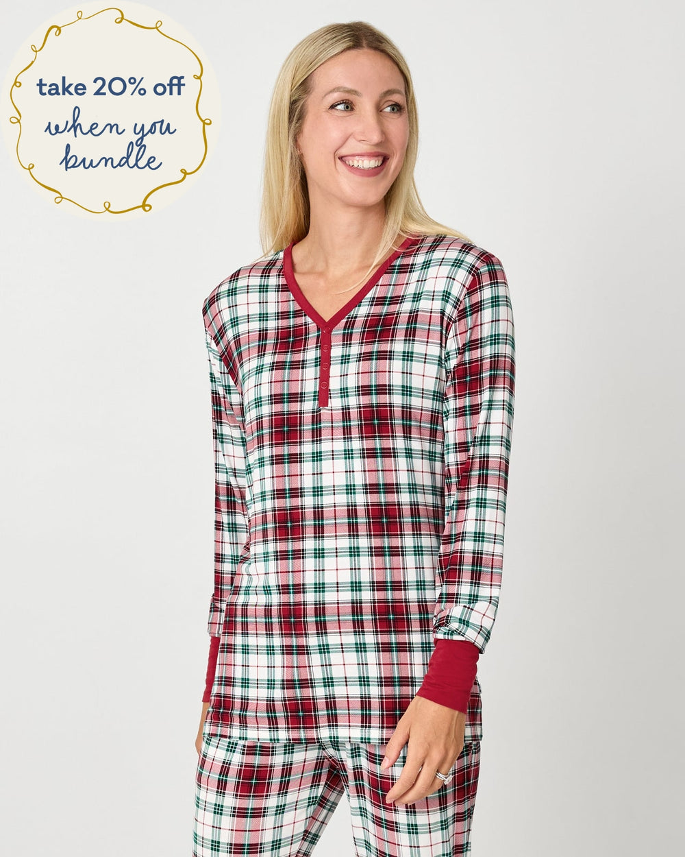 Woman wearing the Holly Plaid Women's Long Sleeve Pajama Top