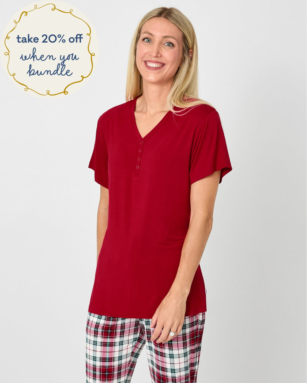Woman wearing the Holiday Red Women's Short Sleeve Pajama Top