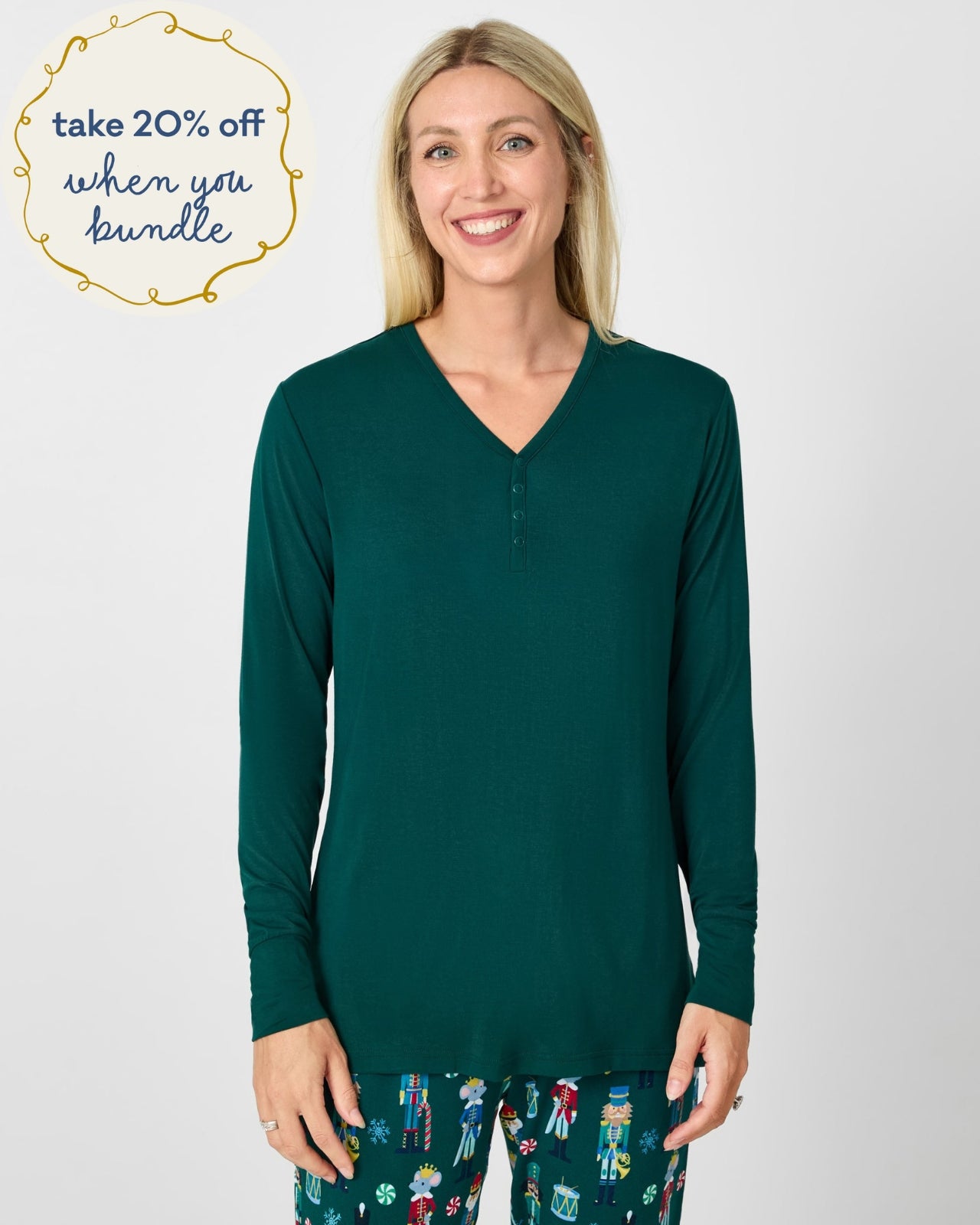 Woman wearing the Emerald Women's Long Sleeve Pajama Top