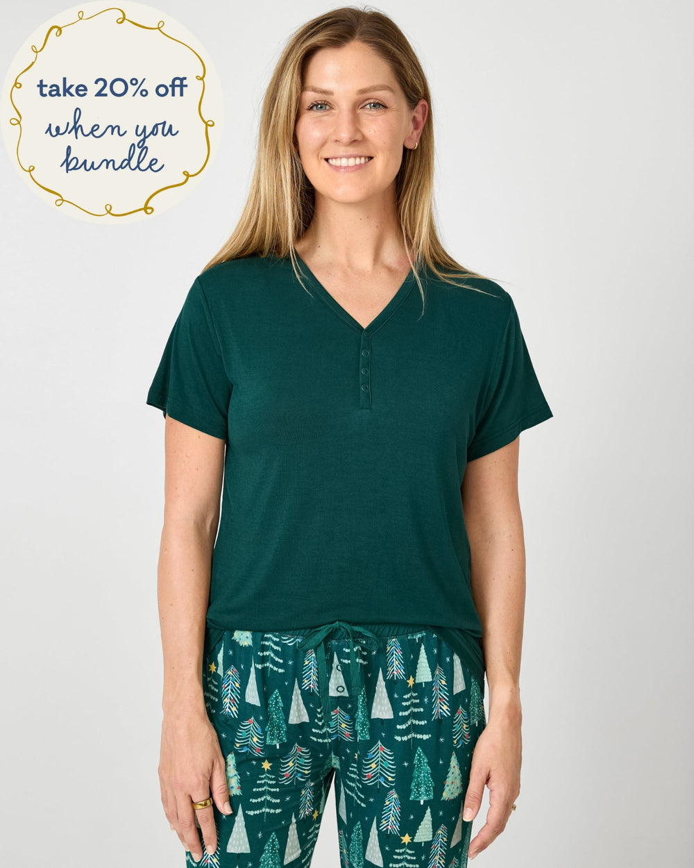 Woman wearing the Emerald Women's Short Sleeve Pajama Top