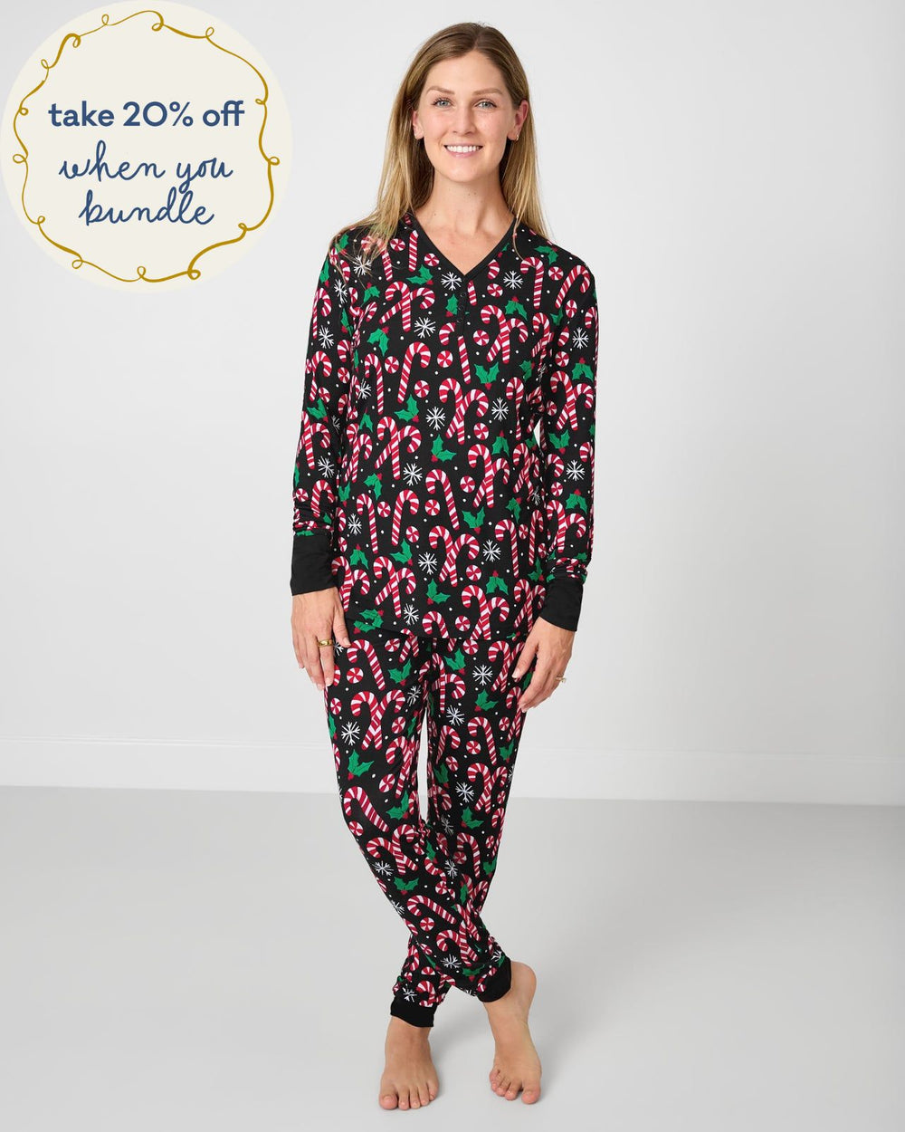 Woman wearing festive Merry Mints Women's Pajama Pants with the matching top