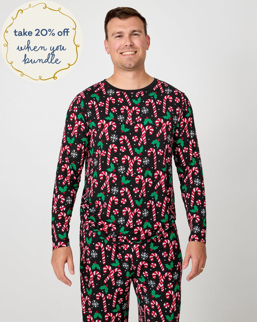 Man wearing the Merry Mints Men's Long Sleeve Pajama Top