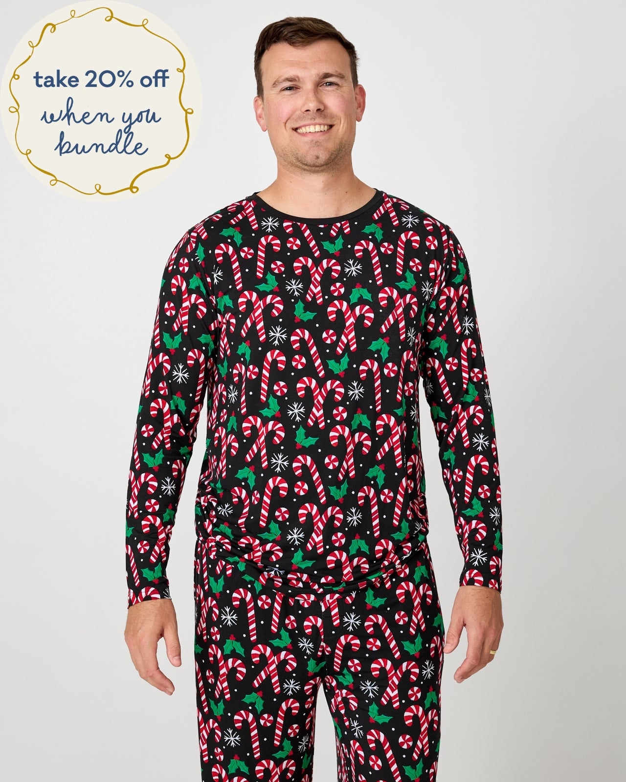 Man wearing the Merry Mints Men's Long Sleeve Pajama Top